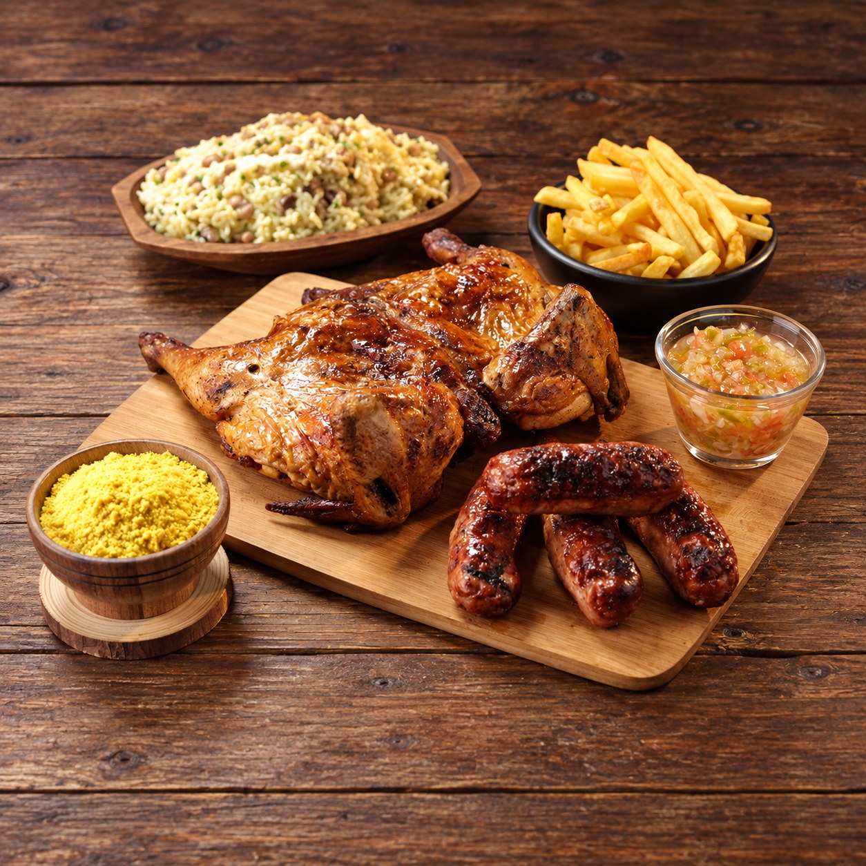 Absurdo: galeto na brasa com baião, quatro linguiças, batata, farofa e vinagrete