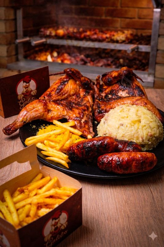 Galeto assado na brasa de carvão — o frango assado tradicional do Nordeste, em Fortaleza